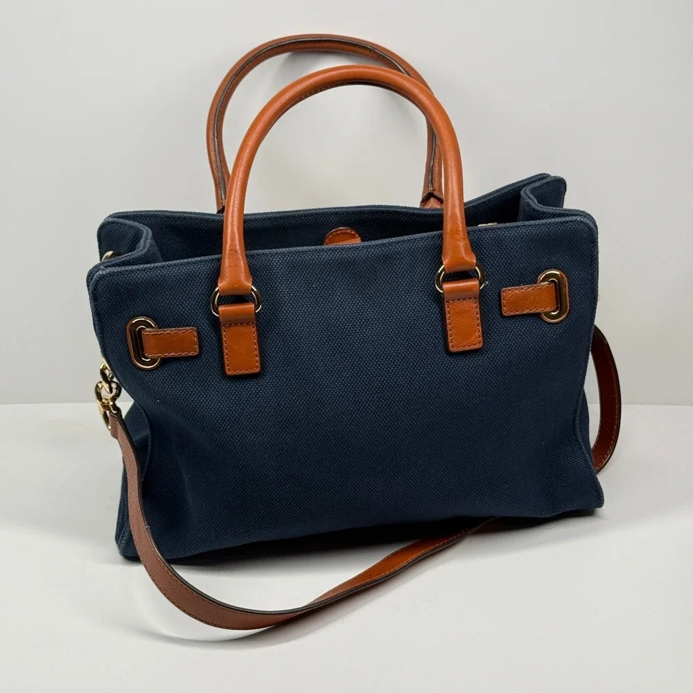 Michael Kors Hamilton Satchel Blue Canvas Medium Magnetic Snap Shoulder Bag